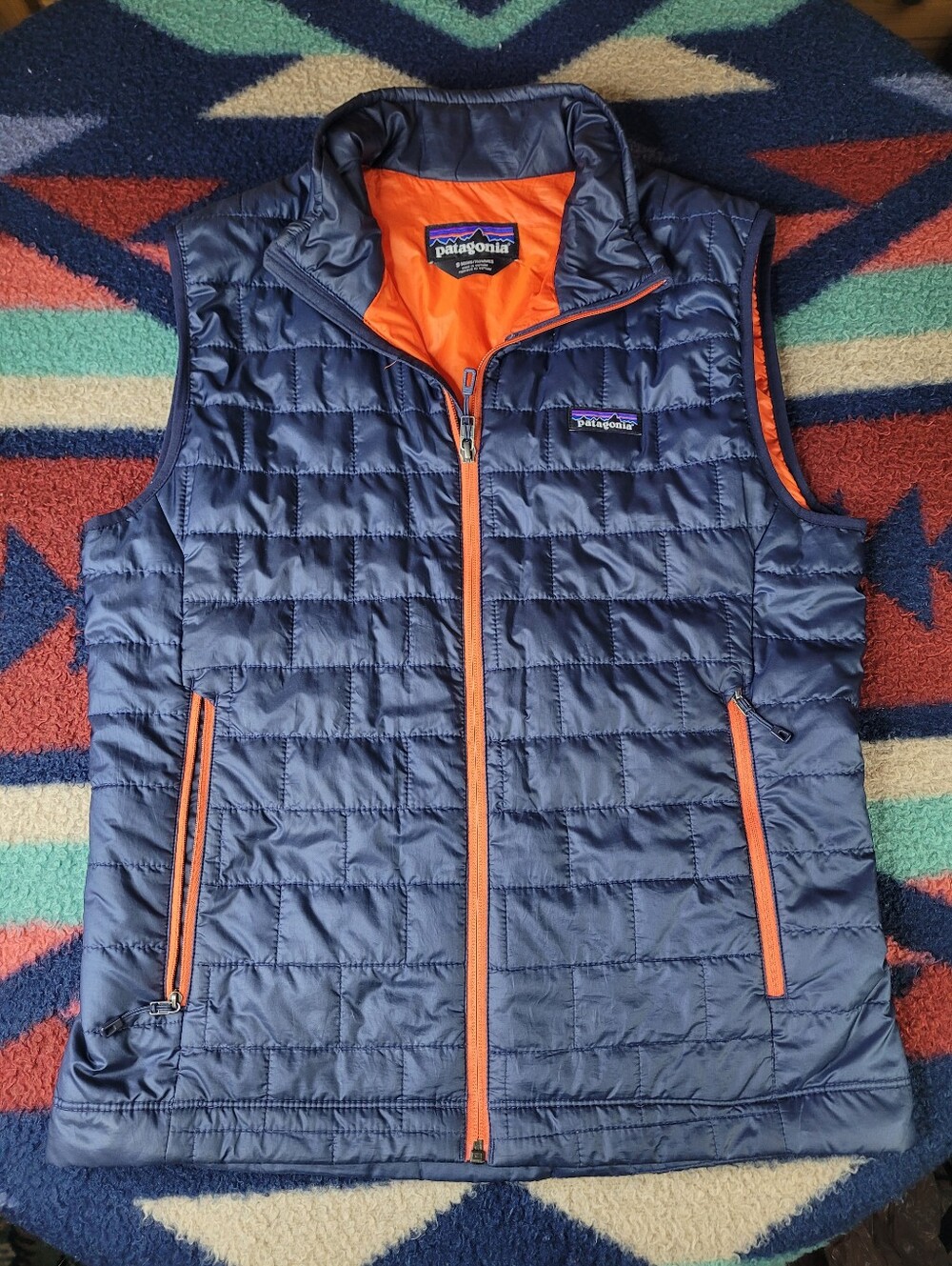 Patagonia Nano Puff Vest Mens Small Navy Blue Orange Full Zip Primaloft